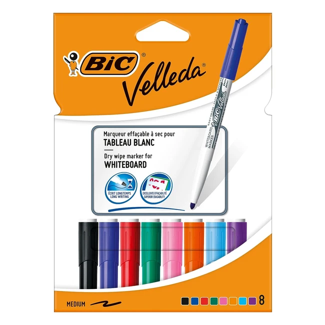 BIC Velleda Whiteboard Marker Pens - Pack of 8 Medium Point Assorted Colors