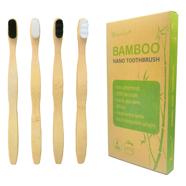 EasyHonor Extra Soft Toothbrush - Biodegradable Bamboo - Micronano Ultra Soft - 20000 Bristles - BPA Free - Natural Eco-Friendly - 4 Pack