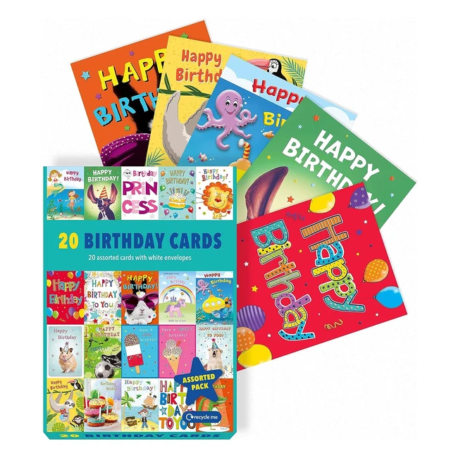 Assorted Children's Birthday Cards Pack - 20 Unique Designs - Kids Boys and Girls