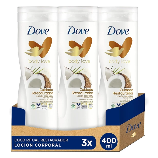 Dove Crema Hidratante Corporal Restauradora con Aceite de Coco 100% Natural y Leche de Almendras - Pack de 3 x 400 ml