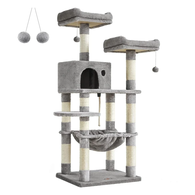 Feandrea Cat Tree Stable Cat Tower 143cm - 2 Plush Perches - Light Grey