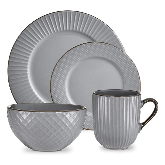 Tower T867002GRY Empire 16-Piece Dinnerware Set - Grey and Brass - Art Deco Design - High-Quality Stoneware