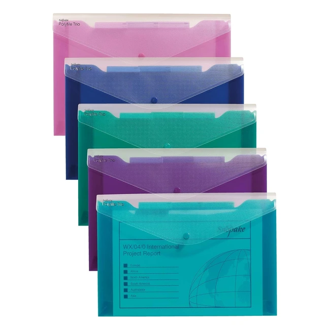 Snopake Foolscap Polyfile Trio Pack - 5 3-Part Popper Wallet with Removable Index Tabs and Press Stud Closure - Electra Assorted