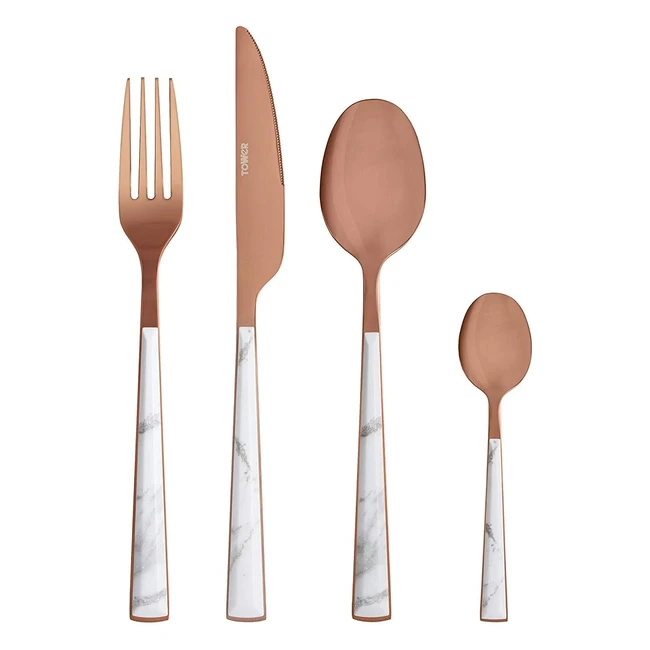 Tower T859002WR 16-Piece Cutlery Set - White Marble and Rose Gold - High Quality Stainless Steel
