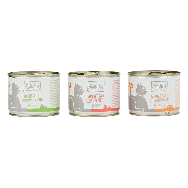 mjamjam Premium Nassfutter für Katzen Mix Pack 1 Huhn Rind Herz 6er Pack 6 x 200 g getreidefrei mit extra Fleisch