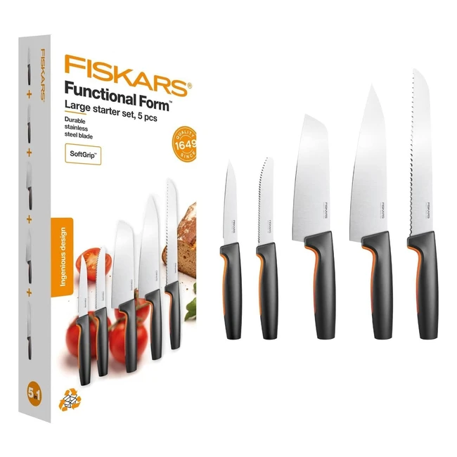 Set de 5 cuchillos de cocina Fiskars Functional Form, acero inoxidable japonés, incluye cuchillo chef, cuchillo verduras, cuchillo tomates, cuchillo santoku y cuchillo para pan
