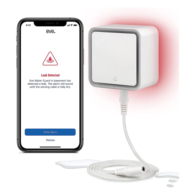 Eve Water Guard - Détecteur de fuite d'eau connecté avec câble de détection 2m - Sirène 100 dB - Alertes sur iPhone iPad Apple Watch - Bluetooth Thread