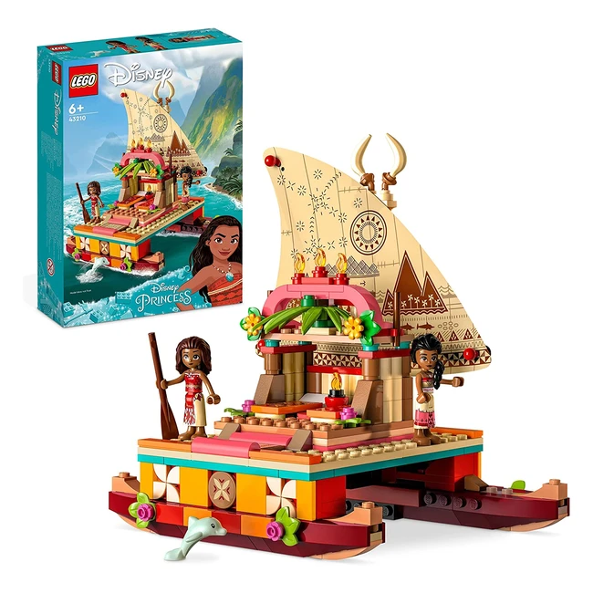 LEGO 43210 Disney Princess Vaianas Catamaran Spielzeugboot mit Vaiana und Sina Prinzessinnen Mini-Puppen, Delfin-Figur für Mädchen und Jungen