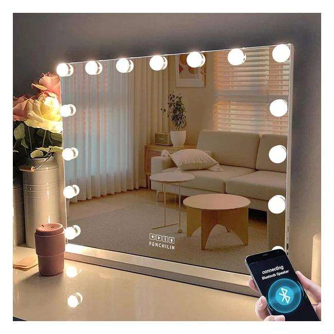 Espejo de Maquillaje Fenchilin con Luz y Altavoz Bluetooth - 15 Bombillas LED - 3 Modos - Control Táctil - Hollywood - 58x46cm
