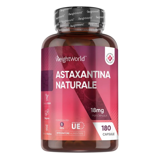 Astaxantina 180 capsule vegane - Fornitura 6 mesi - Pura e naturale - Haematococ
