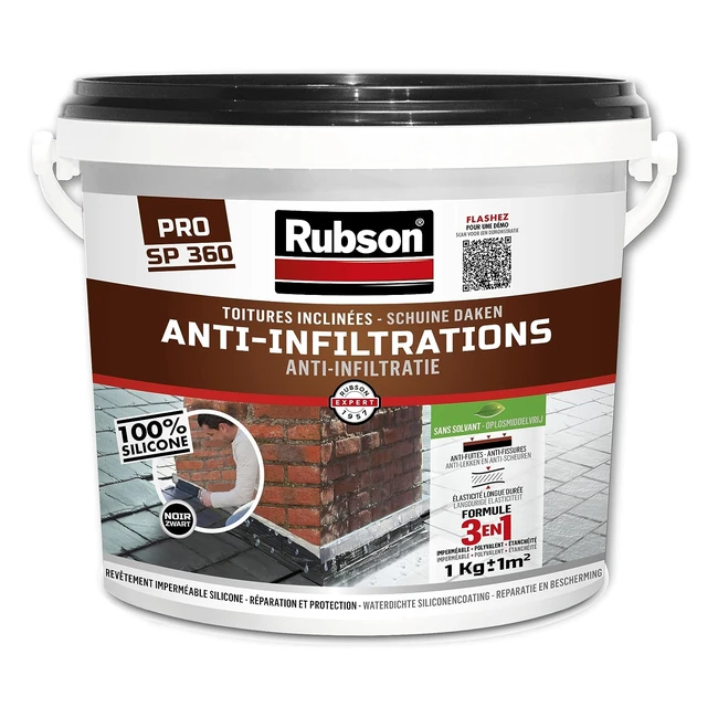 Rubson Revêtement Anti-infiltrations Stop Fuite Noir 1kg - Étanchéité Toitures Plates et Inclinées