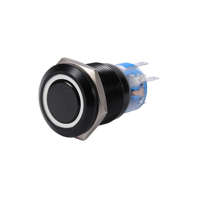 Interruptor de Botón de Enganche Keenso 19mm 12V - Carcasa de Metal Negro - Control de Encendido/Apagado - LED - Descarga Alta - 1NO1NC - Blanco