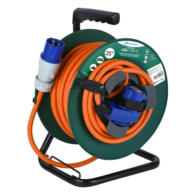 Electraline 49208 - Cable alargador industrial 25m - Enrollacables - Toma doble - Verde