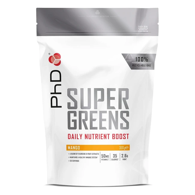 PHD Nutrition Super Greens Powder - Mango Flavour - High Fiber - Low Sugar - 18 Nutrient Rich Fruits and Vegetables - 300g