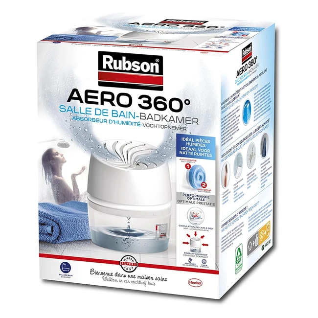 Rubson Aero 360 Absorbeur d'Humidité Salle de Bain - 1 Appareil + 1 Recharge 450g - Antiodeur & Antihumidité