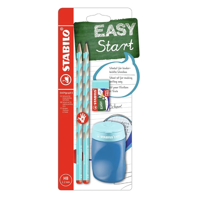 Kit Scolaire Droitier - 2 Crayons Stabilo Easygraph S HB - Taillecrayon - Gomme - Bleu