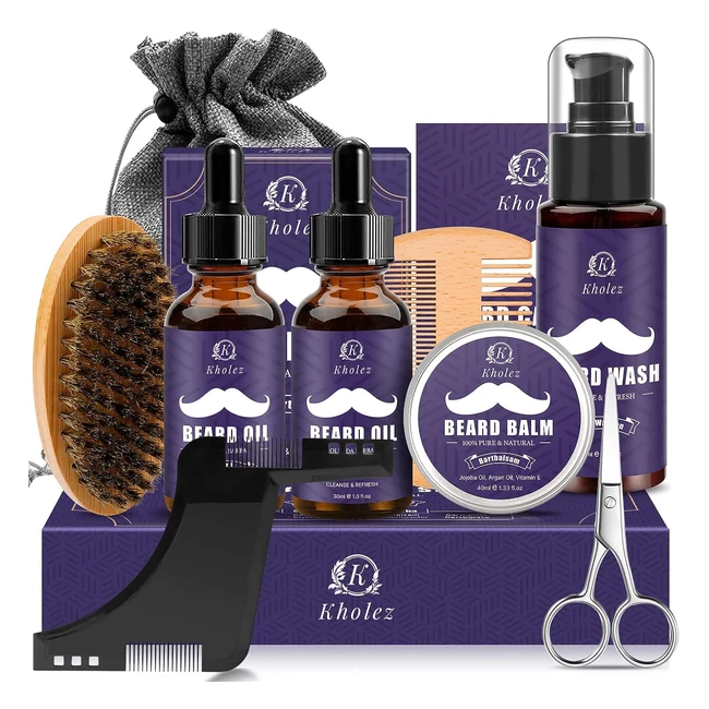 Kit Barba Uomo Professionale Kholez - Set Cura Barba con Olio, Balsamo, Shampoo, Forbici, Pettine, Spazzola - Regalo Uomo