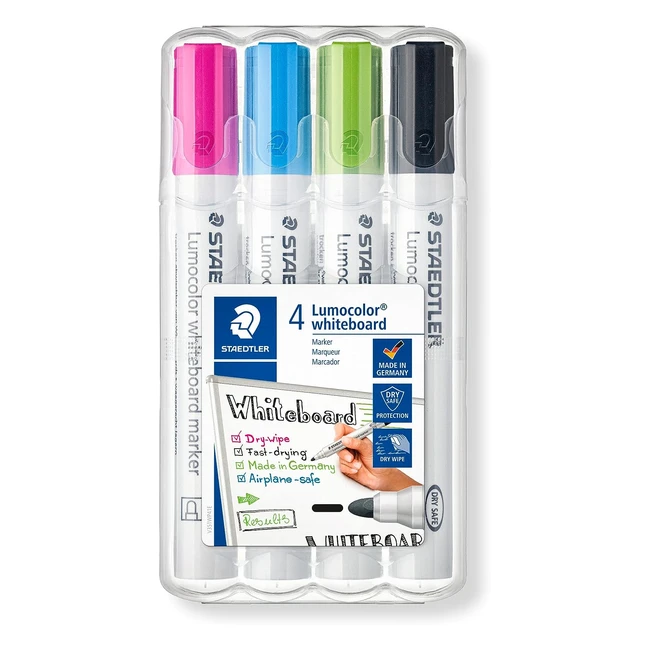 Staedtler 351 WP41 Lumocolor Whiteboard Marker Pack of 4 - Bullet Tip, Dry Safe Ink