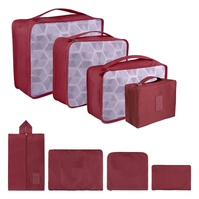 Organizer per valigie Coolzon, set 8 pezzi, cubi di imballaggio, perfetto per vestiti, cosmetici, scarpe, intimo - Rosso scuro