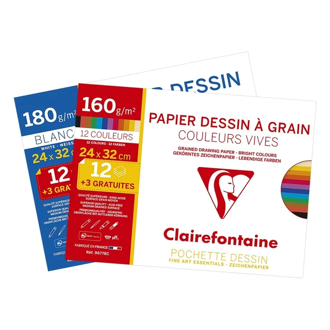 Lot de 2 pochettes dessin scolaire Clairefontaine 196178AMZC - 15 feuilles + 123 gratuites - Papier dessin grain couleurs vives assorties - 24x32 cm 160g