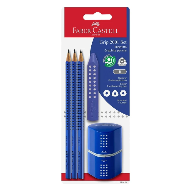 Faber-Castell 580023 Grip 2001 Bleistiftset 5-teilig mit 3 Stiften, Radiergummi und Spitzer