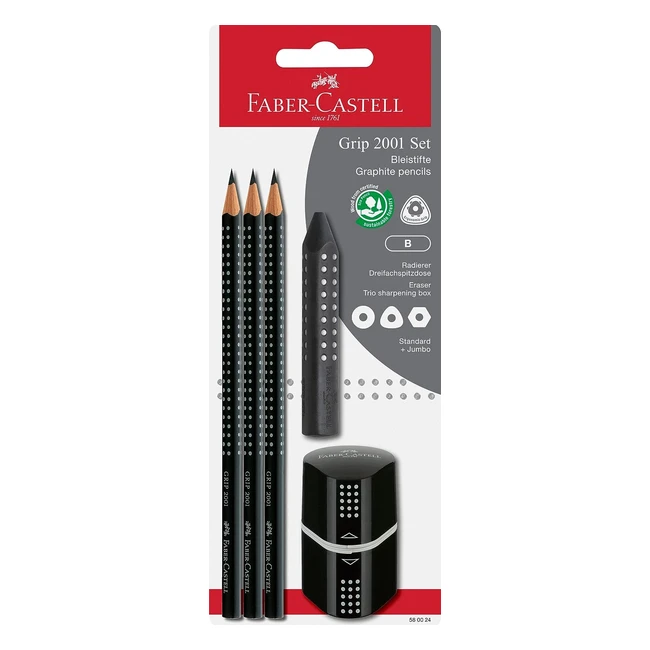 Faber-Castell Grip 2001 580024 Bleistift-Set mit 3 Stiften, Radiergummi und Spitzer, Schwarz