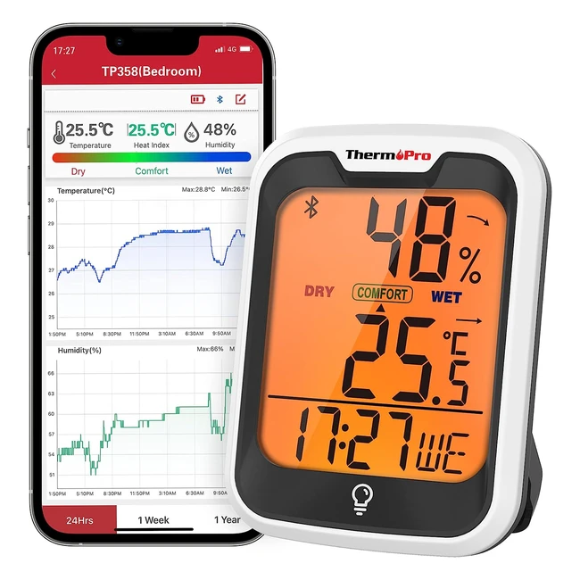 ThermoPro TP358 Bluetooth Hygrometer Room Thermometer | Swiss-Made Sensor | Backlit Display