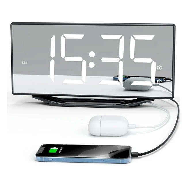 Réveil numérique miroir LED 87 - Réveil puissant pour dormeurs lourds - Double alarme - Fonction snooze - Charge USB - Lumineux - 8 niveaux de volume - 7 niveaux - 12/24h