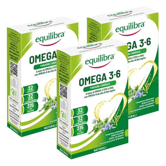 Equilibra Integratori Alimentari Omega 36 - Integratore con EPA e DHA per Funzione Cardiaca e Cerebrale - 3 Pezzi da 32 Capsule