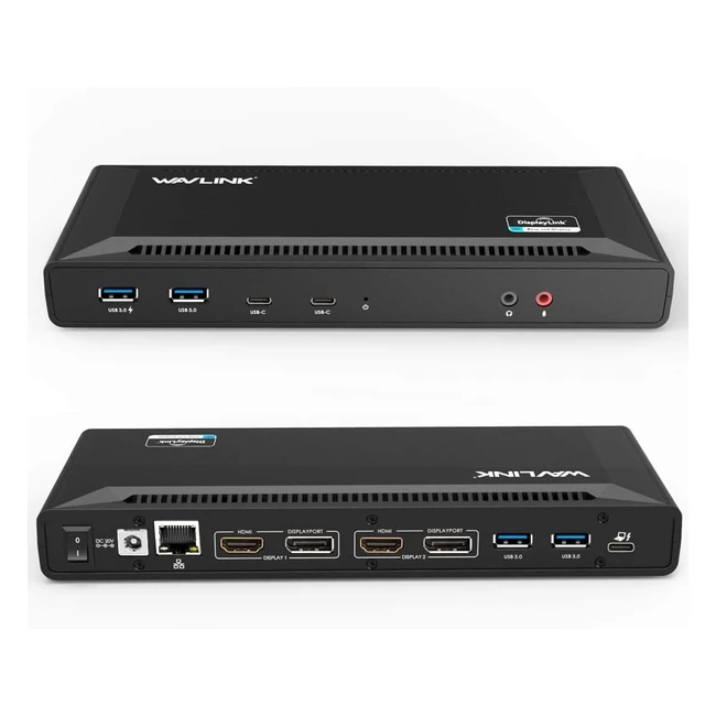 Wavlink USB Laptop Universal Docking Station - Dual Video, Gigabit Ethernet, Audio Out, Mic In - 4 USB 3.0, 2 USB-C Ports