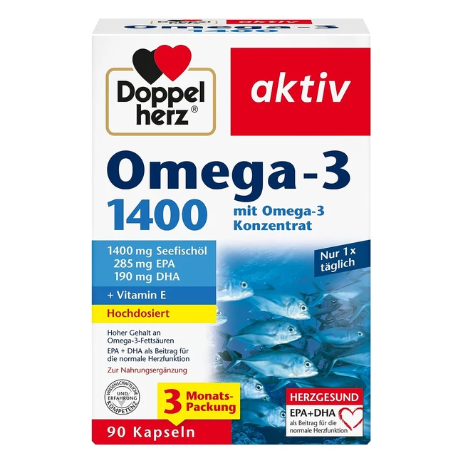 Doppelherz Omega3 1400 mg - Hochdosierte Omega3-Konzentrat mit Vitamin E - Hoher Gehalt an Omega3-Fettsäuren - 90 Kapseln