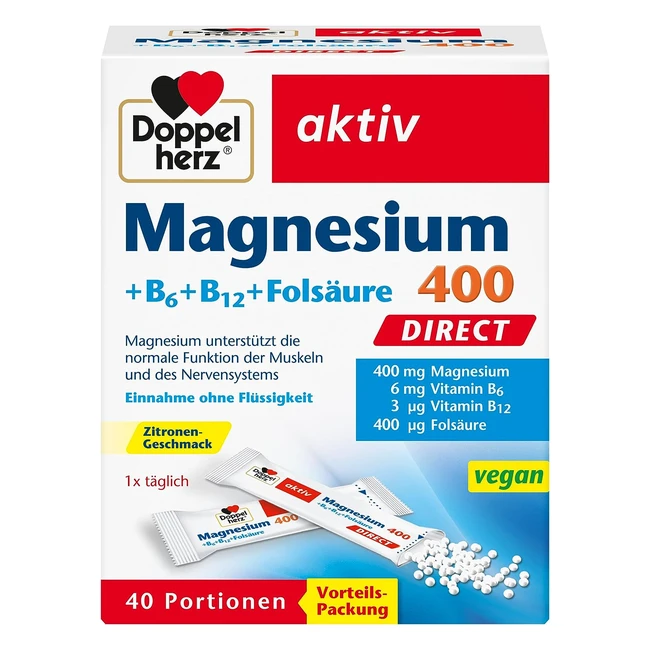 Doppelherz Magnesium 400 B6 B12 Folsäure Direct - Muskelfunktion & Nervensystem - 40 vegane Portionen