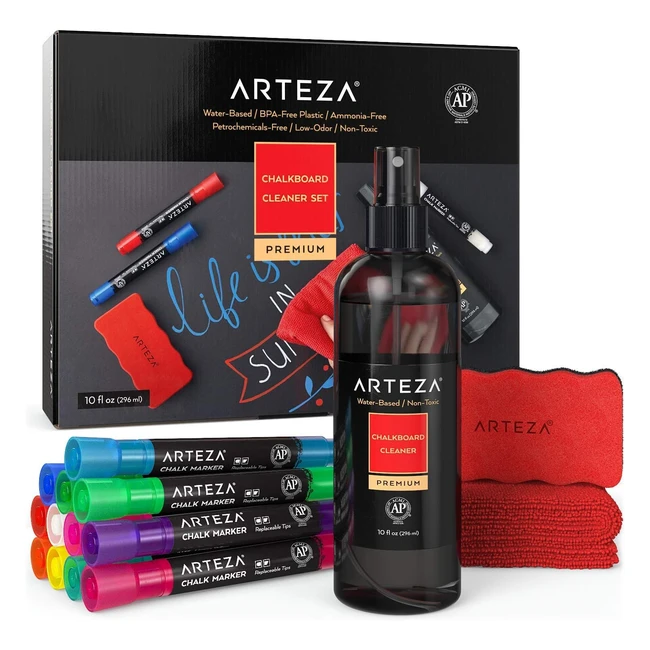Set de nettoyage pour tableau noir Arteza avec 12 marqueurs craie de couleurs assorties