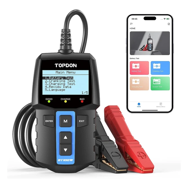Topdon BT100W 2in1 Bluetooth Batterietester für Auto 12V 1002000 CCA Batterieladetester Startsystemanalysator