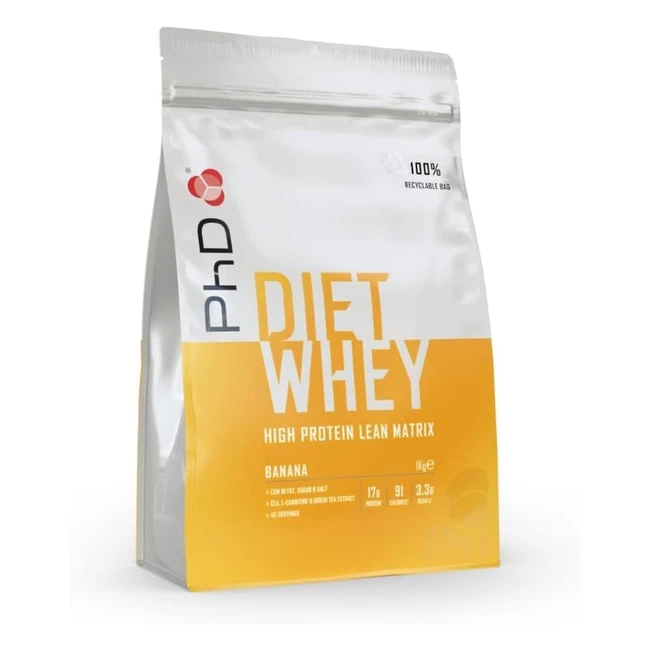 PHD Nutrition Proteine Whey in Polvere - Aumento Massa Muscolare e Perdita di Peso - 17gr Proteine - Gusto Banana - 40 Porzioni - 1kg