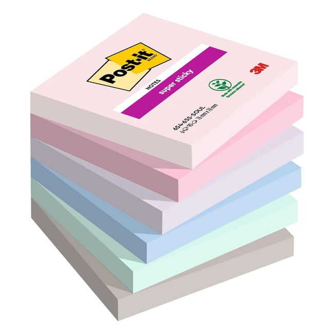 Post-it Notas Super Sticky Soulful Color - Paquete de 6 Blocs - 90 Hojas por Bloc - 76x76 mm - Rosa, Morado, Verde, Gris, Azul