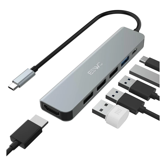Jeswo USB C Hub 6-in-1 Adapter with 4K HDMI, 100W PD Charging, Multi USB 3.0 Ports