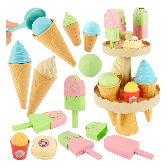 Aoleva Kids Ice Cream Toy Set - Take Apart Plastic Food Playset - Gifts for 3-5 