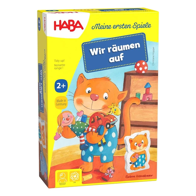 HABA 303469 Meine ersten Spiele - Wir räumen auf! Holzspielzeugregal, Kater Tapsi, 3D-Spielzeugplättchen