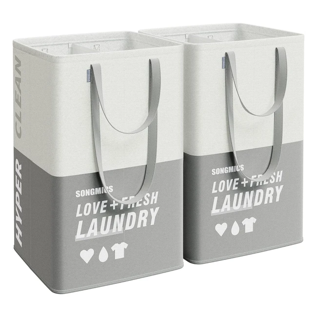 Songmics Large Laundry Baskets 90L - Set of 2 - Freestanding Foldable - Double Handles - Light Grey