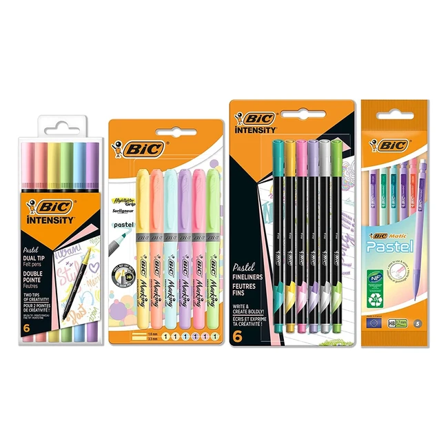 BIC Schreibwarenset Pastell 23-teilig: 6 Textmarker, 5 Feinschreiber, 6 Bleistifte, 6 Dual-Tip Pinselstifte in verschiedenen Pastellfarben