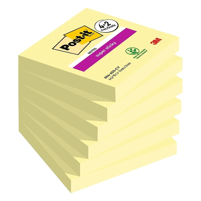 Notas adhesivas Post-it super sticky, amarillas, 76mmx76mm, 90 hojas, 4 bloques + 2 gratis