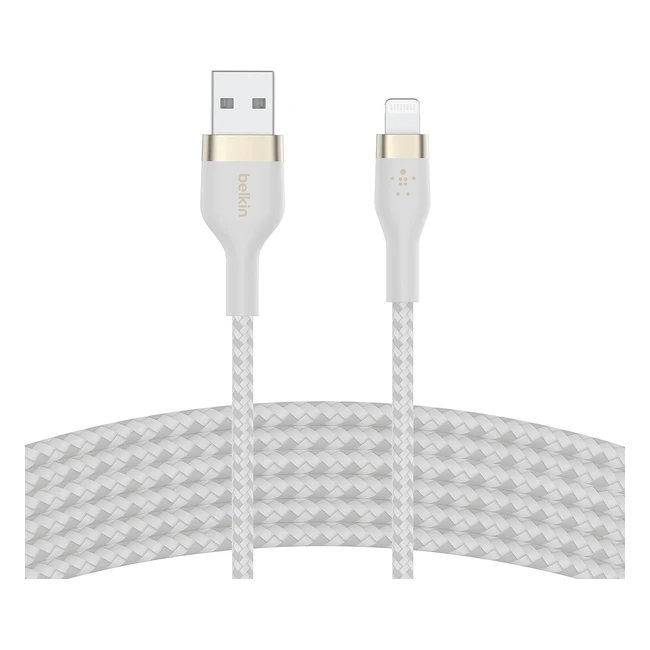 Belkin BoostCharge Pro Flex Geflochtenes USB-A Lightning-Kabel 2m MFi zertifiziert für iPhone 14/14 Plus 13/12 Pro Max Mini SE iPad - Weiß