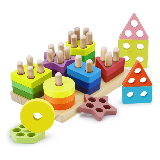 Kizmyee Giocattoli Montessori 24 Pezzi Forme Geometriche Ordinamento Impilamento - Regalo Bambini 1-3 Anni