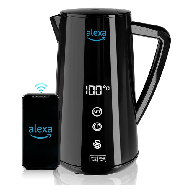 Hervidor de Agua Eléctrico Inteligente Swan Alexa, 1.5L, WiFi, Pantalla LED Táctil, Función Mantener Caliente, Acero Inoxidable, 1800W, Negro SK14650BLKNEU