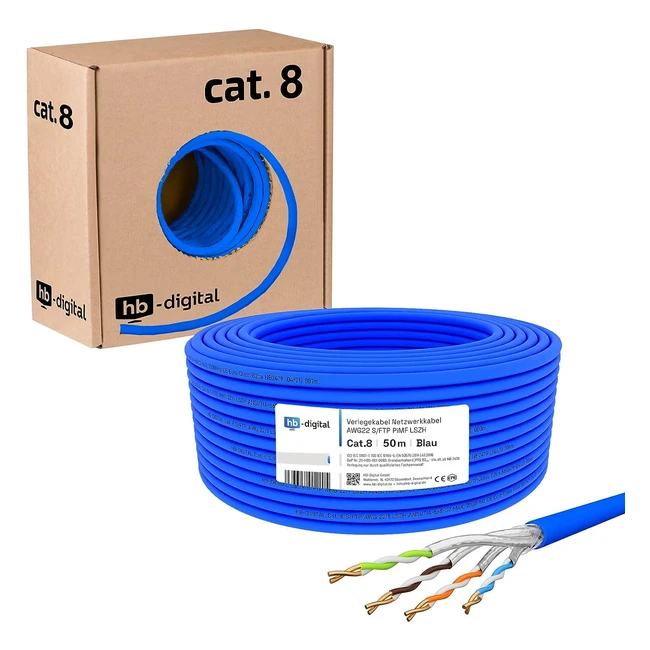Câble réseau CAT8 HBdigital 50m - Débit jusqu'à 40 Gbits - Cuivre SFTP 2000 MHz - Sans halogène - Référence: 81