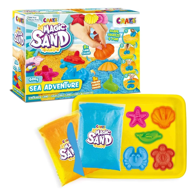 Craze Magic Sand Sea Adventures - Kinetischer Sand Set 600g - Bunter magischer Sand mit Förmchen - Koffer - Kreativ Set für Kinder