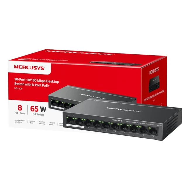 Mercusys 10-Port 10/100Mbps Desktop Switch with 8-Port PoE | Power Budget 65W | Plug & Play