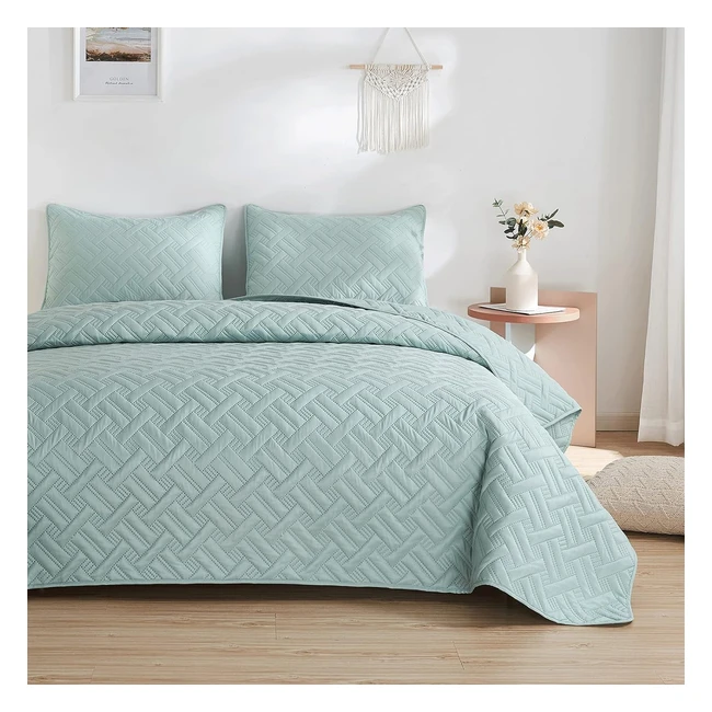 Beeweed Quilt Set King Size - Lightweight Microfiber - Basket Pattern - All Season - Mint Green - 3 Pieces