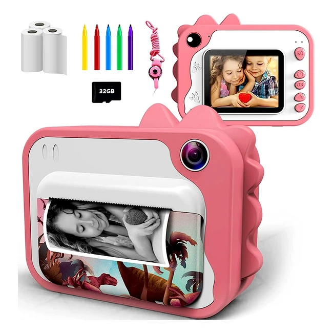 Kinderkamera Digitalkamera Sofortbildkamera 1080p 24 Zoll Bildschirm Videokamera schwarz-weiße Fotokamera mit 32 GB Speicherkarte 3 Rollen Druckerpapier 5 Farben Pinselstift Geschenk
